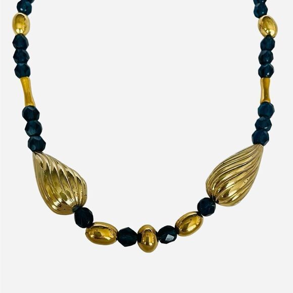 NAVY BLUE BEADED NECKLACE WITH GOLDTONE ACCENTS - Picture 1 of 5
